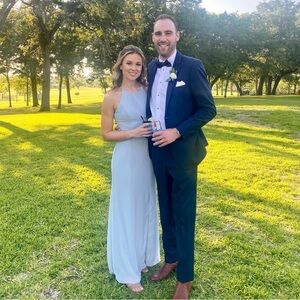 Powder blue After Six floor length bridesmaid dress